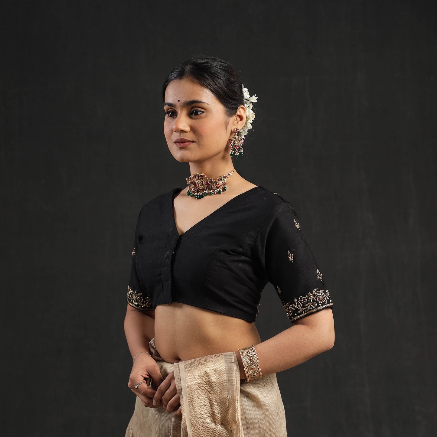 Buy Black Zardozi Hand Embroidery Slub Silk Plain Blouse