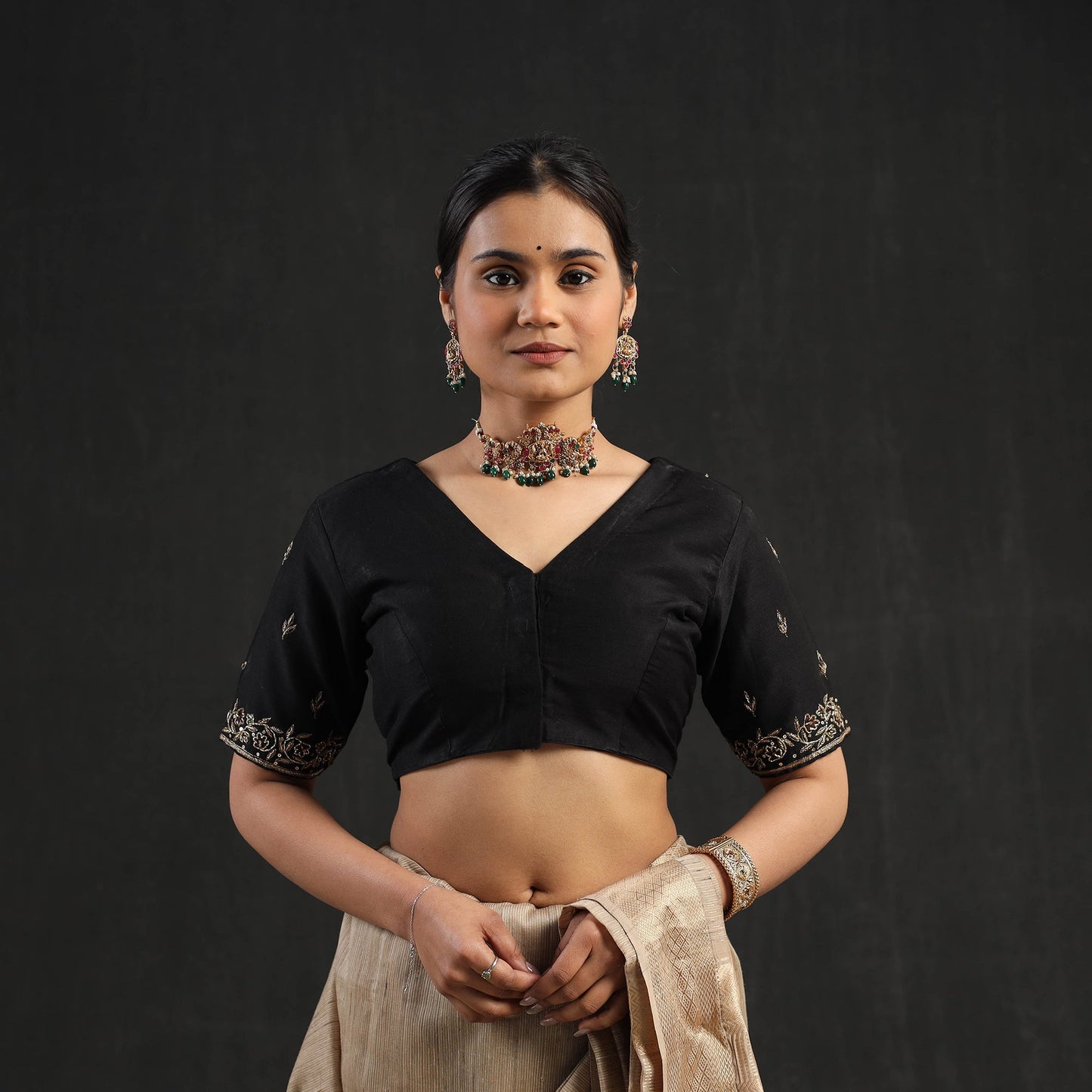 Buy Black Zardozi Hand Embroidery Slub Silk Plain Blouse