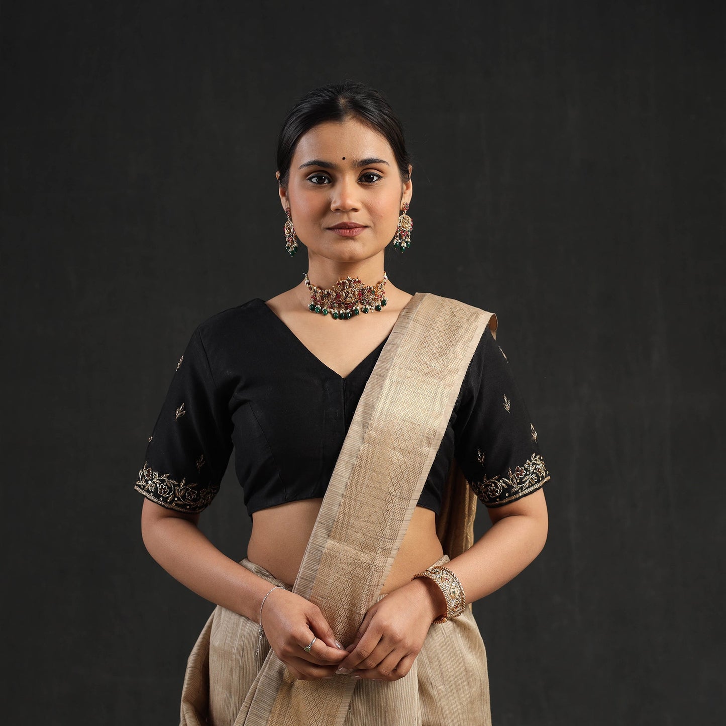 Buy Black Zardozi Hand Embroidery Slub Silk Plain Blouse