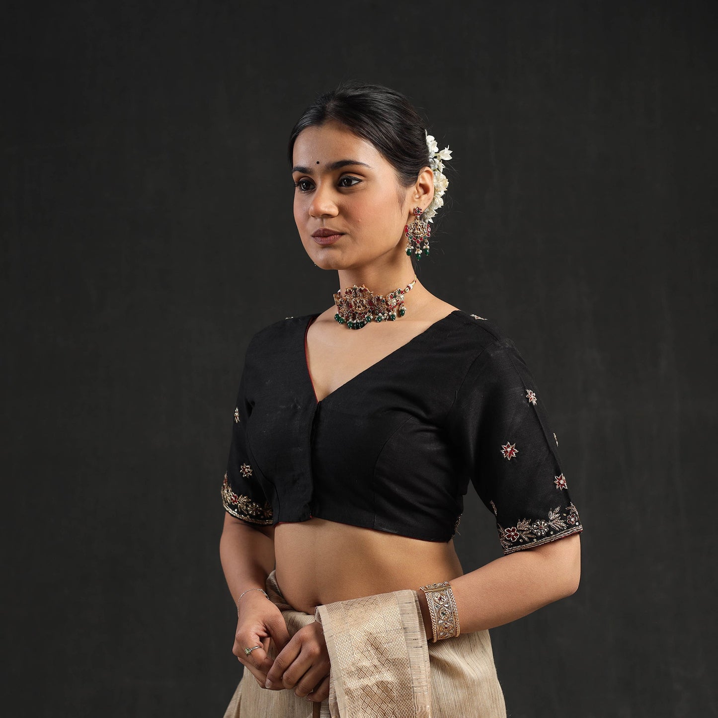 Buy Black Zardozi Hand Embroidery Slub Silk Plain Blouse