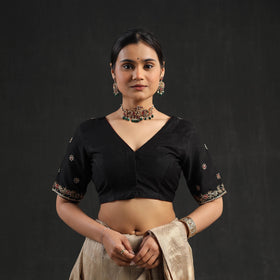 Buy Black Zardozi Hand Embroidery Slub Silk Plain Blouse