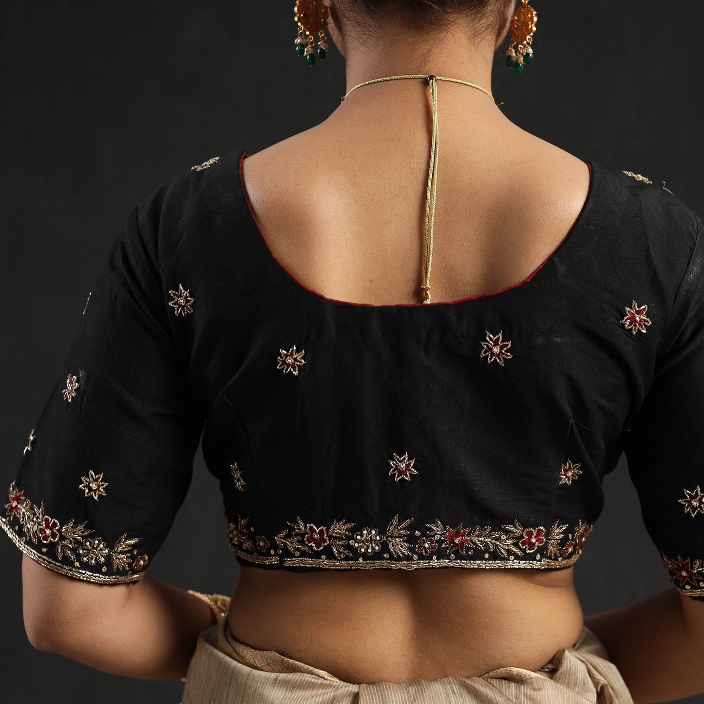 Buy Black Zardozi Hand Embroidery Slub Silk Plain Blouse