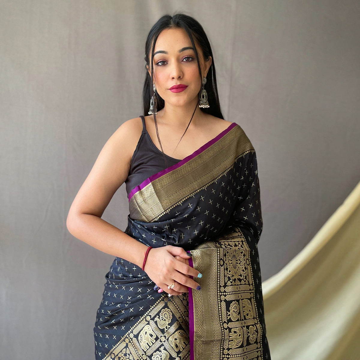 Suhasini Black Soft Silk Handwork Saree