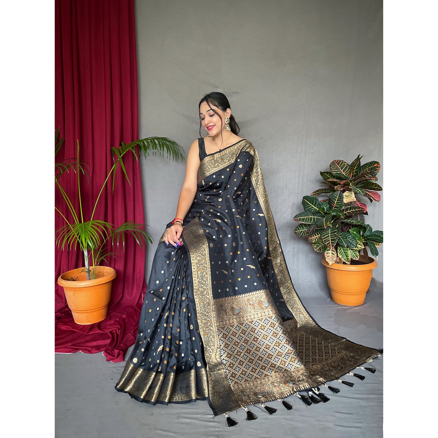 Udaan Black Soft Silk Handwork Saree