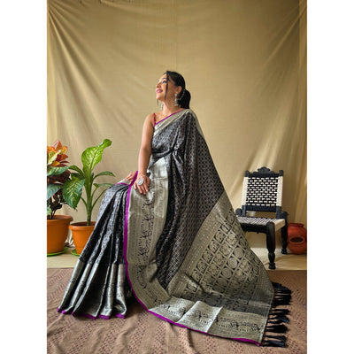 Khicha Checks Black Litchi Silk Handwork Saree