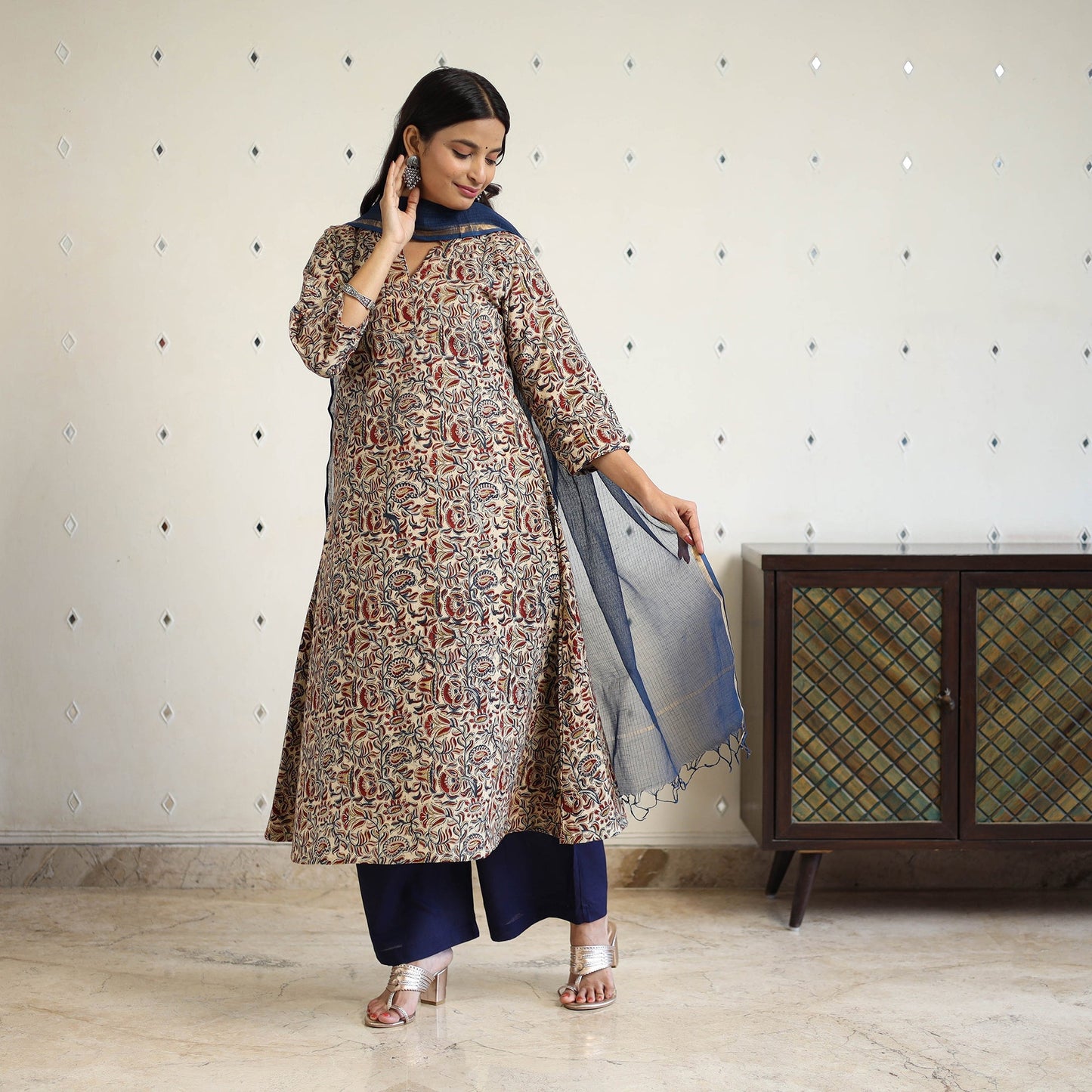 Block Print Cotton Pedana Kalamkari Kurta Set (Set of 3)