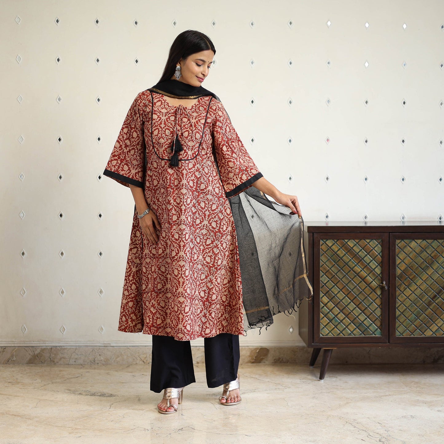 Block Print Cotton Pedana Kalamkari Kurta Set (Set of 3)