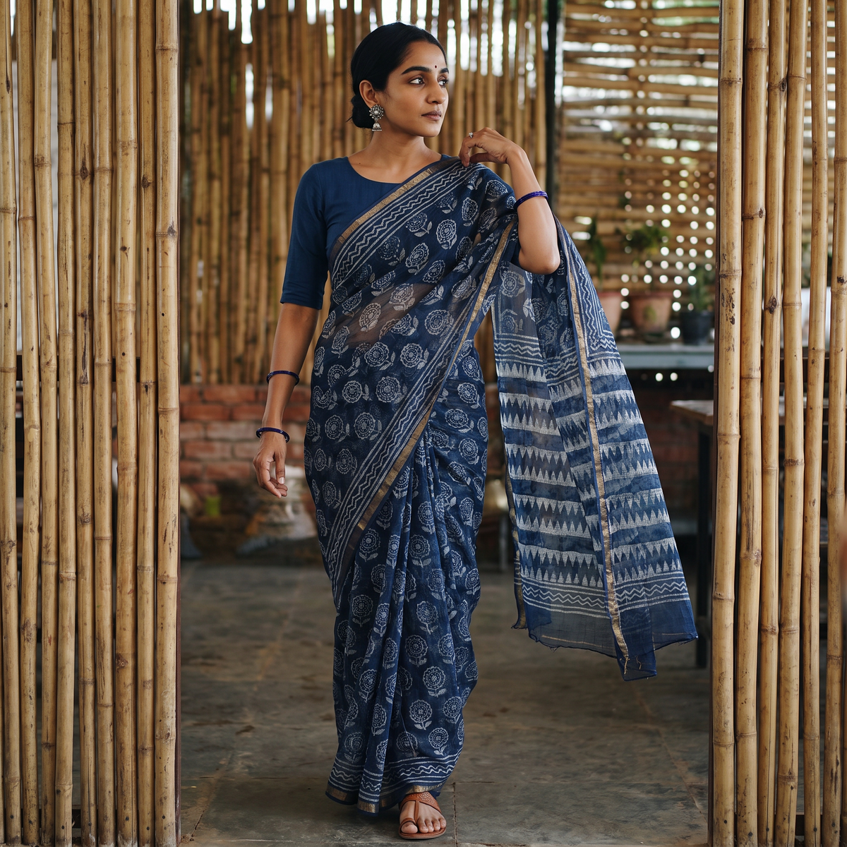 Blue Block Print Kota Doria Cotton Indigo Bagru Saree, draped and worn by a woman, AI visual of the saree, iTokri