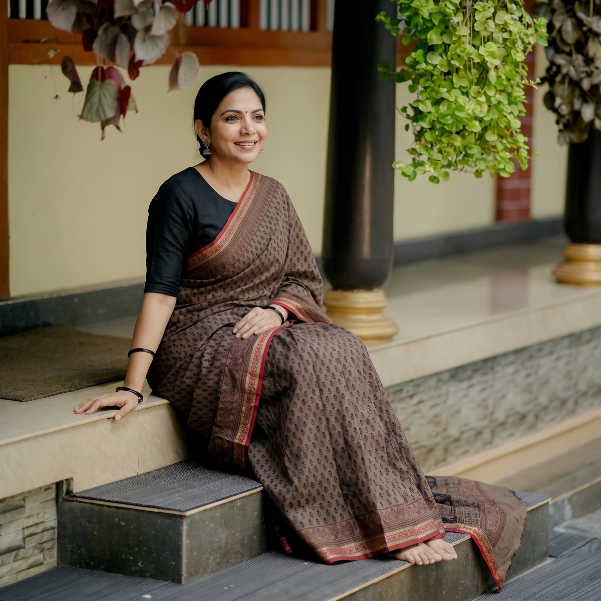 Brown Block Print Natural Dyed Cotton Bagh Saree, draped and worn by a woman, AI visual of the saree, iTokri