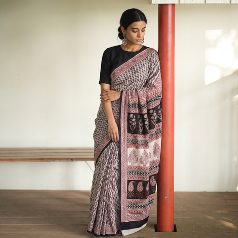 Multicolor Block Print Natural Dyed Cotton Bagh Saree, draped and worn by a woman, AI visual of the saree, iTokri
