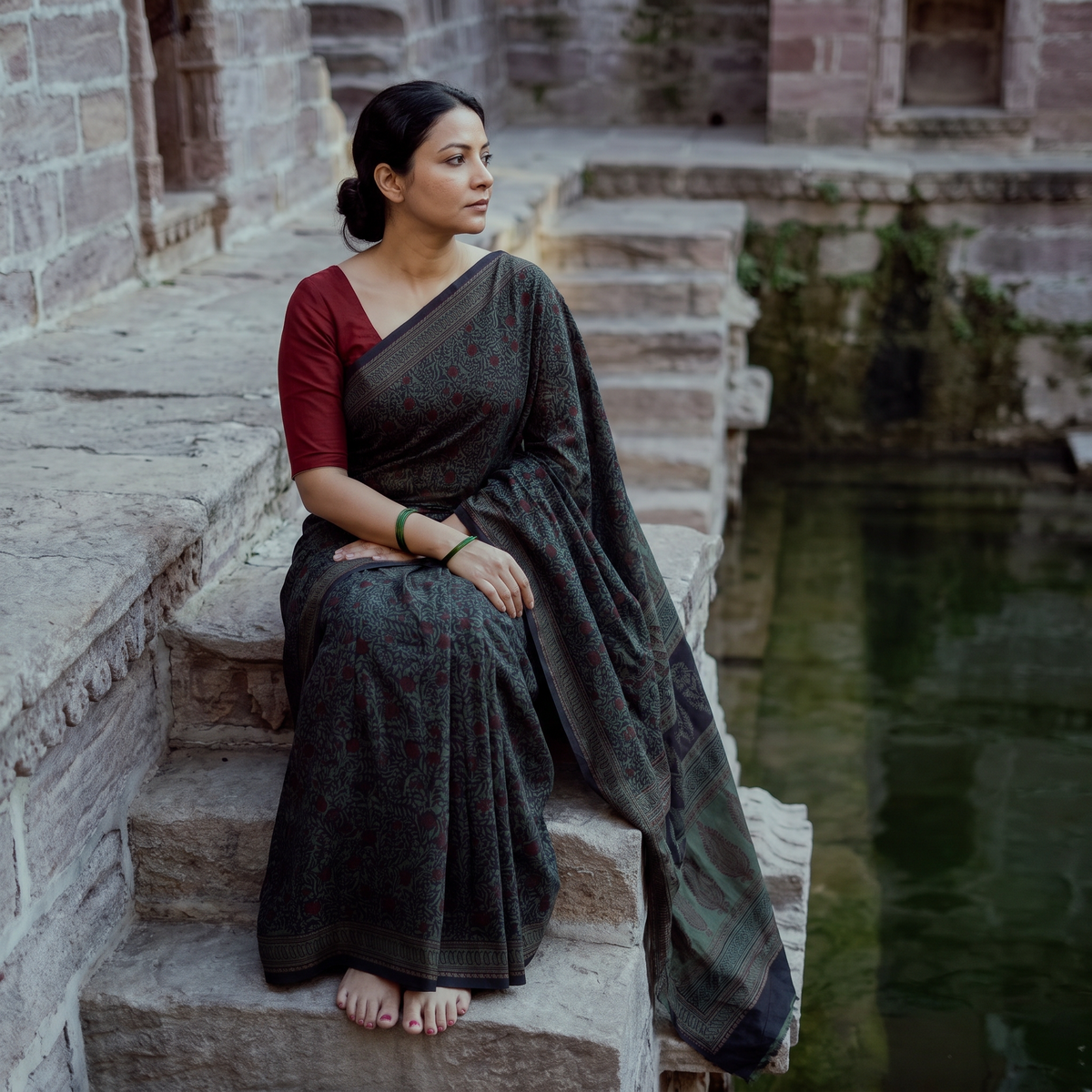 Green Block Print Natural Dyed Cotton Bagh Saree, draped and worn by a woman, AI visual of the saree, iTokri
