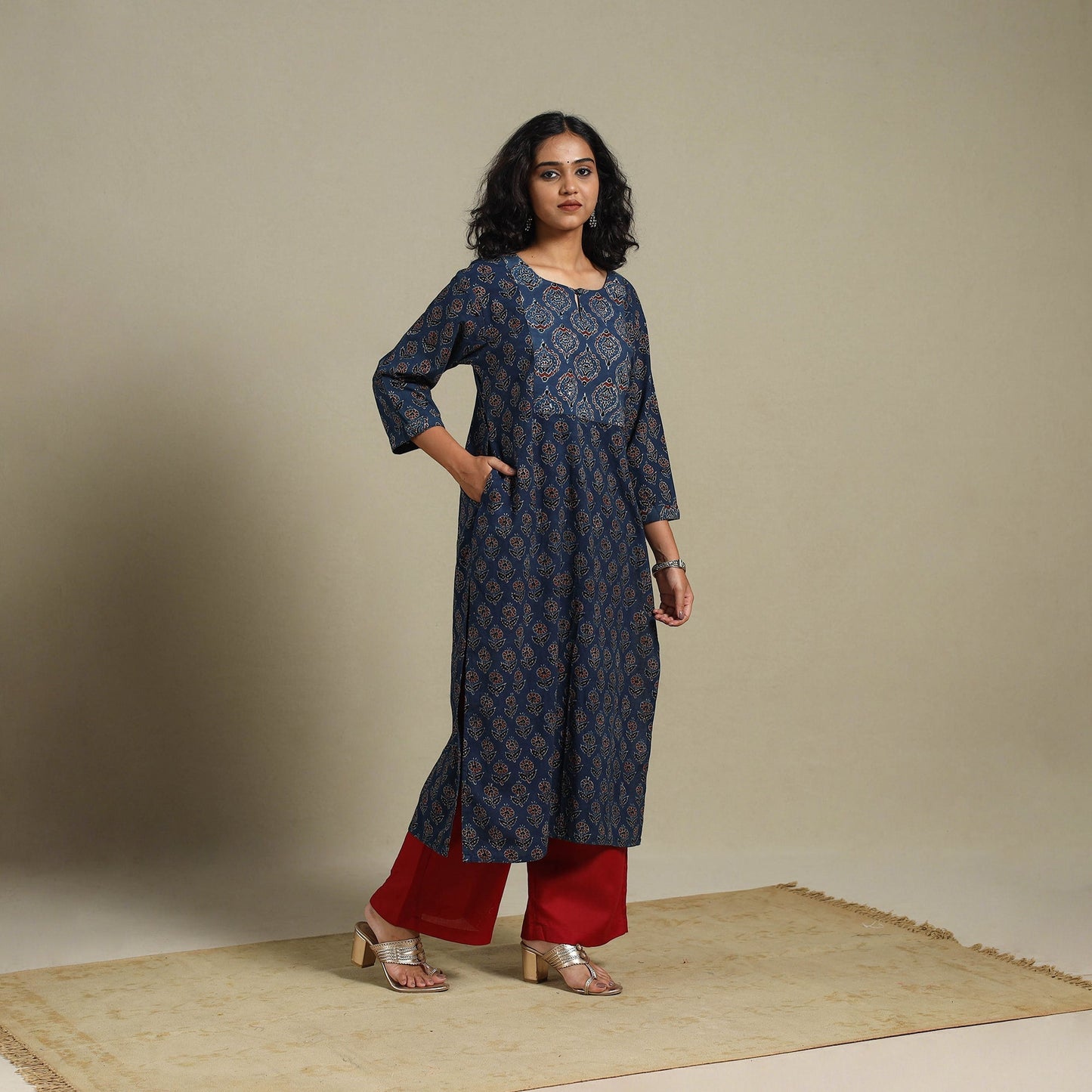 Natural dyed cotton straight kurta 15 - m - handcrafted