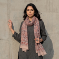 Grey Block Print Pedana Kalamkari Wool Stole, worn by a woman, AI visual of the stole, iTokri