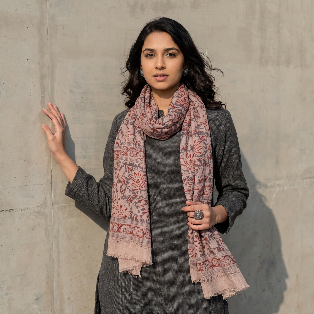 Grey Block Print Pedana Kalamkari Wool Stole, worn by a woman, AI visual of the stole, iTokri