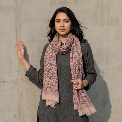 Grey Block Print Pedana Kalamkari Wool Stole, worn by a woman, AI visual of the stole, iTokri