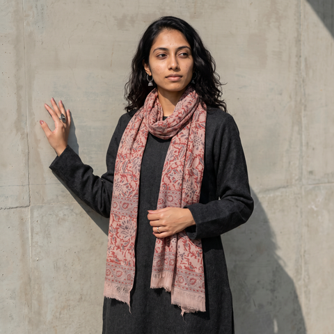 Red Block Print Pedana Kalamkari Wool Stole, worn by a woman, AI visual of the stole, iTokri