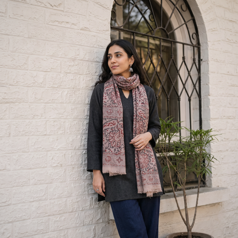 Light Brown Block Print Pedana Kalamkari Wool Stole, worn by a woman, AI visual of the stole, iTokri