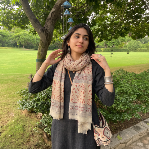 Beige Block Print Pedana Kalamkari Wool Stole, worn by a woman, AI visual of the stole, iTokri