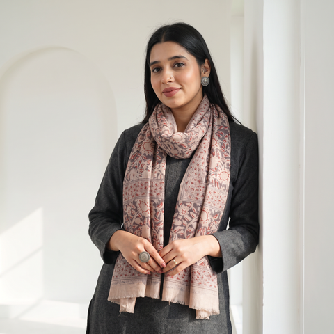 Grey Block Print Pedana Kalamkari Wool Stole, worn by a woman, AI visual of the stole, iTokri