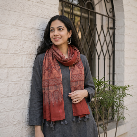 Red Block Print Woolen Ajrakh Stole, worn by a woman, AI visual of the stole, iTokri