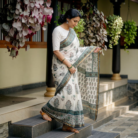 Green Block Printed Chanderi Silk Sanganeri Saree, draped and worn by a woman, AI visual of the saree, iTokri