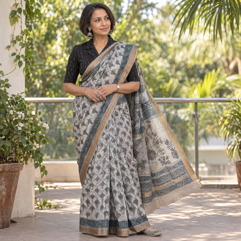 Grey block printed Chanderi silk Sanganeri saree, draped and worn by a woman, AI visual of the saree, iTokri