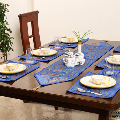 Blue - 13pc dining table linen set in brocade banarasi silk