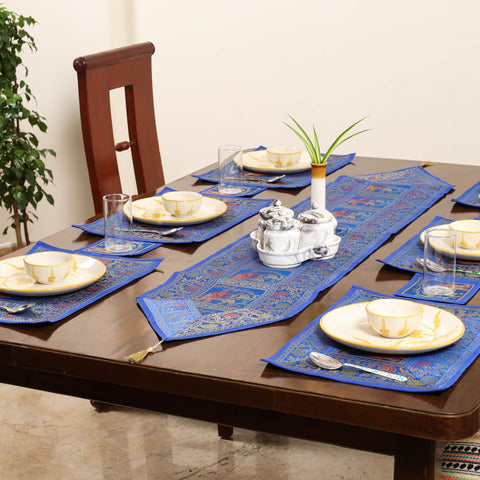Blue - 13pc dining table linen set in brocade banarasi silk