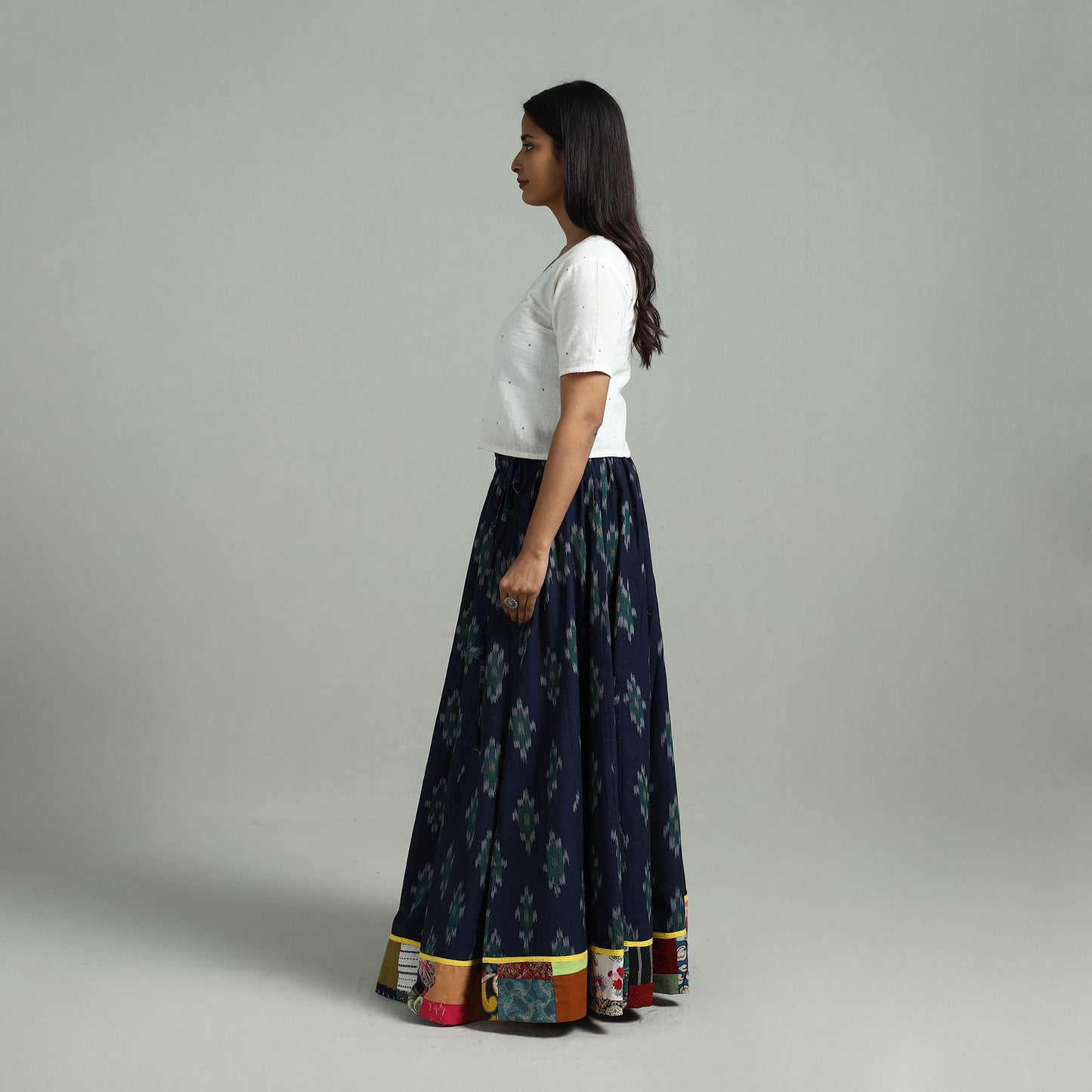 Blue 24 Kali Patchwork Cotton Pochampally Ikat Skirt