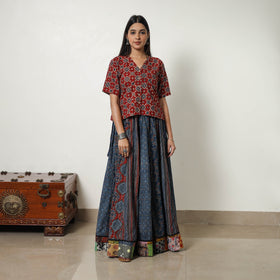 Blue - 24 Kali Patchwork Block Printed Cotton Ajrakh Skirt 09
