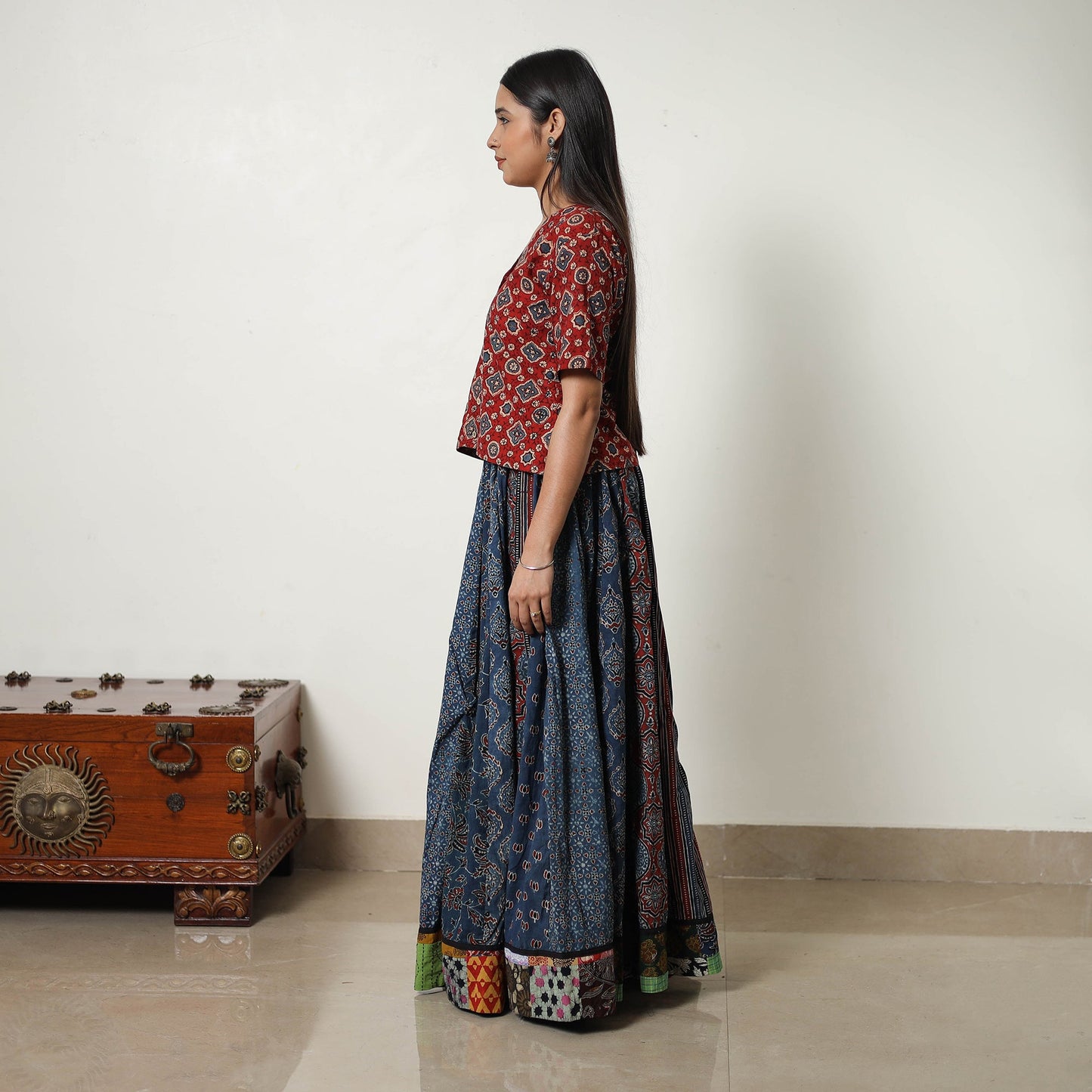 Blue - 24 Kali Patchwork Block Printed Cotton Ajrakh Skirt 09