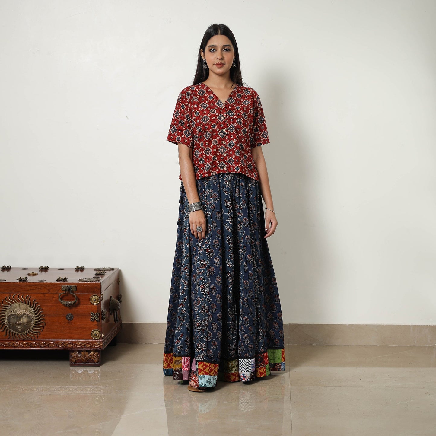 Shop Black 24 Kali Patchwork Block Printed Cotton Ajrakh Skirt