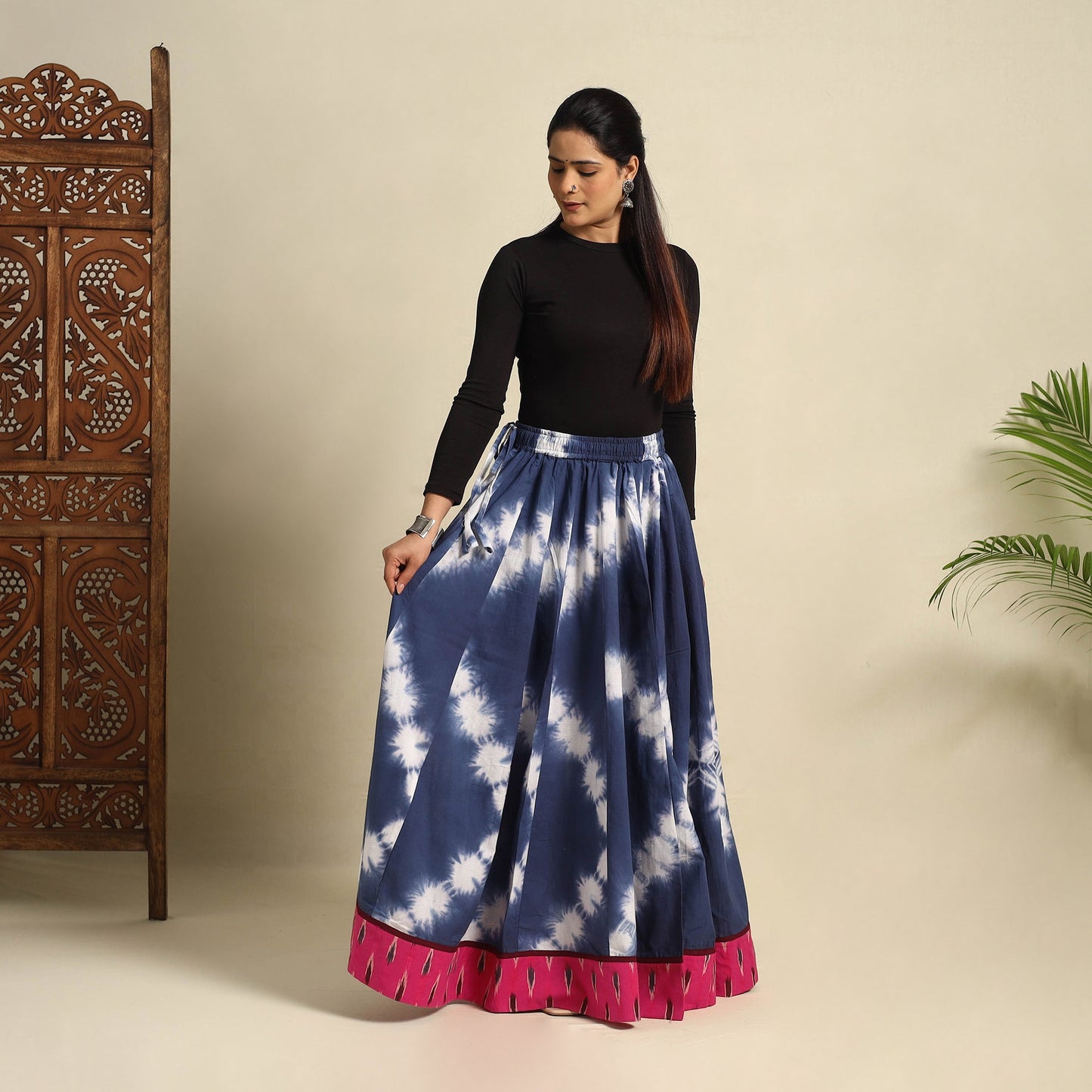 24 Kali Blue Patchwork Cotton Long Shibori Tie-Dye Skirt