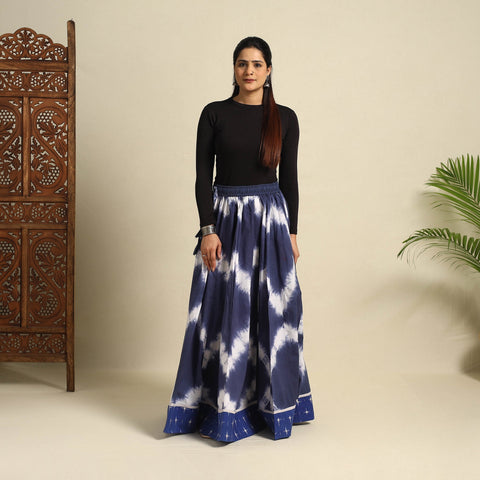 Blue - 24 kali shibori tie-dye cotton long skirt with ikat