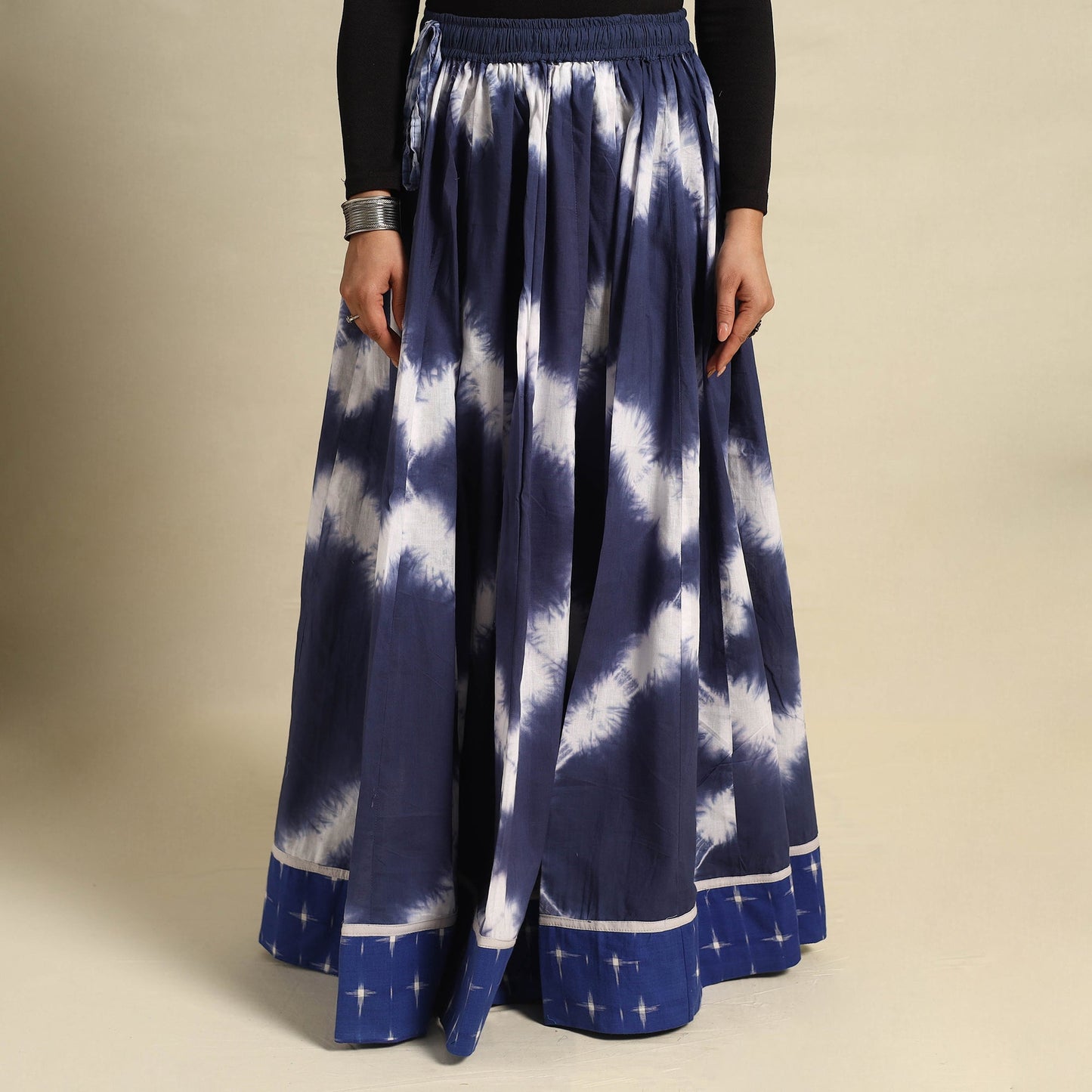 Blue - 24 kali shibori tie-dye cotton long skirt with ikat