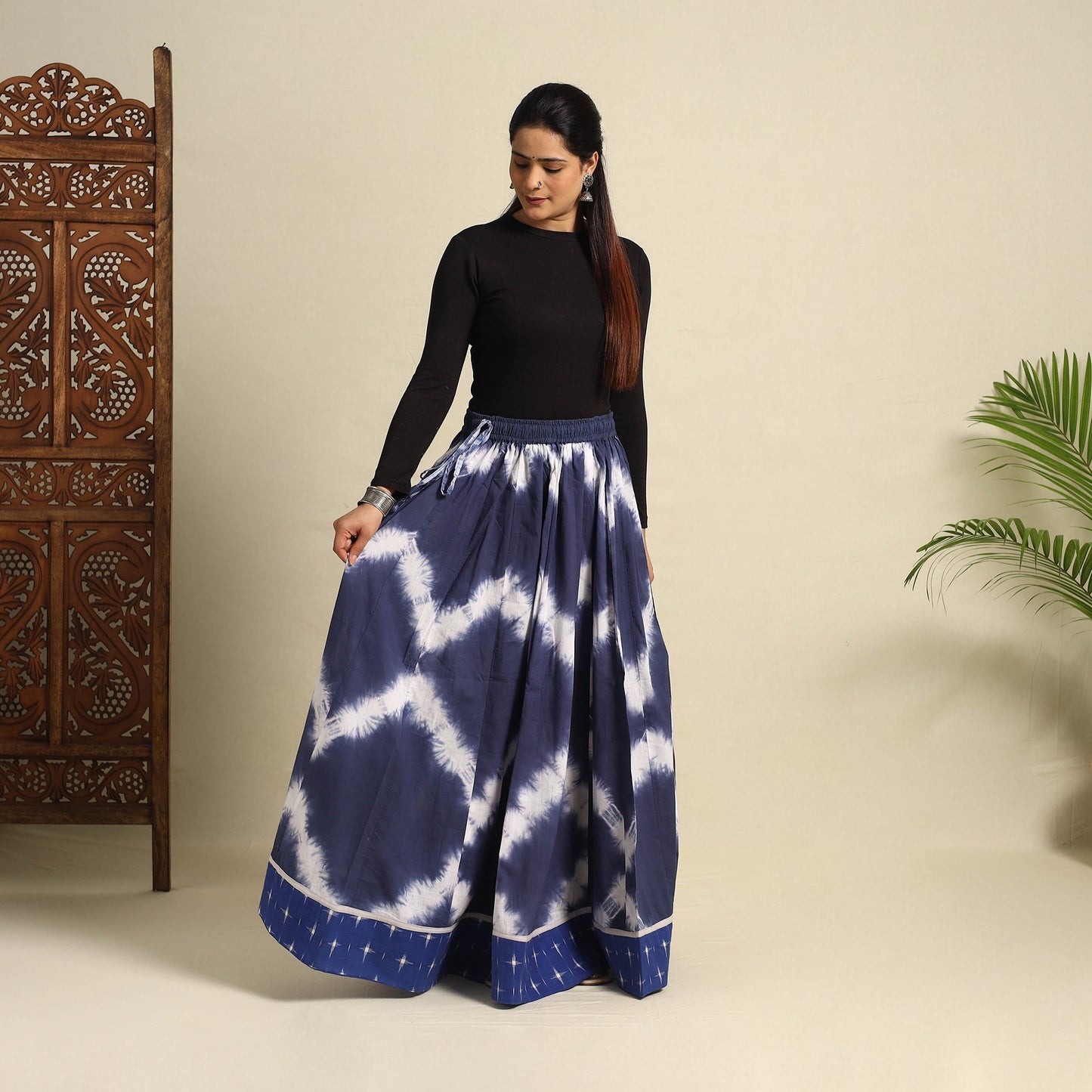 Blue - 24 kali shibori tie-dye cotton long skirt with ikat
