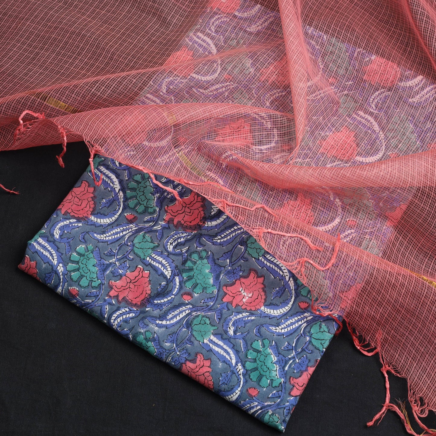 Blue - 2pc cotton sanganeri kurta with plain dupatta 09