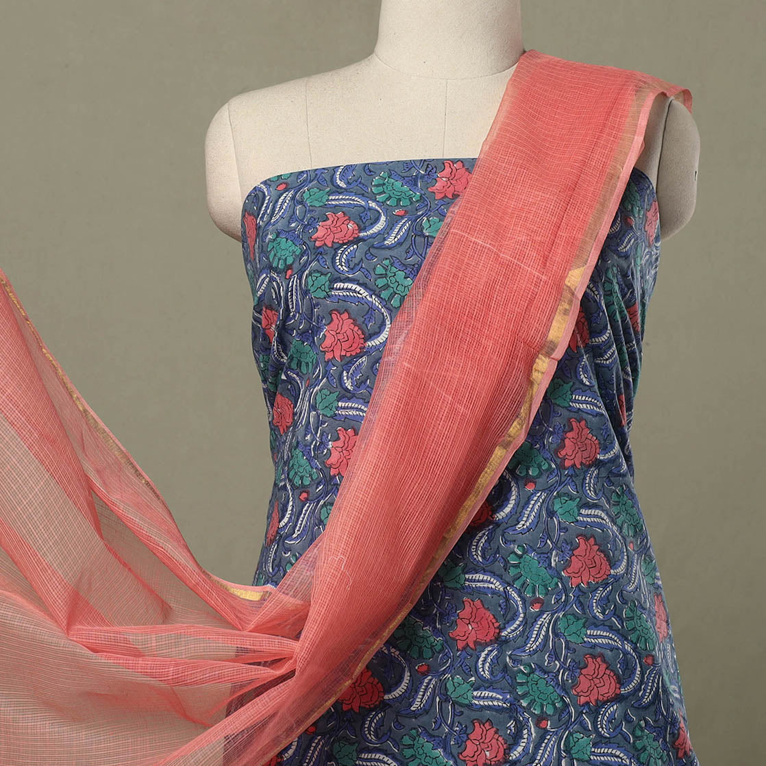 Blue - 2pc cotton sanganeri kurta with plain dupatta 09