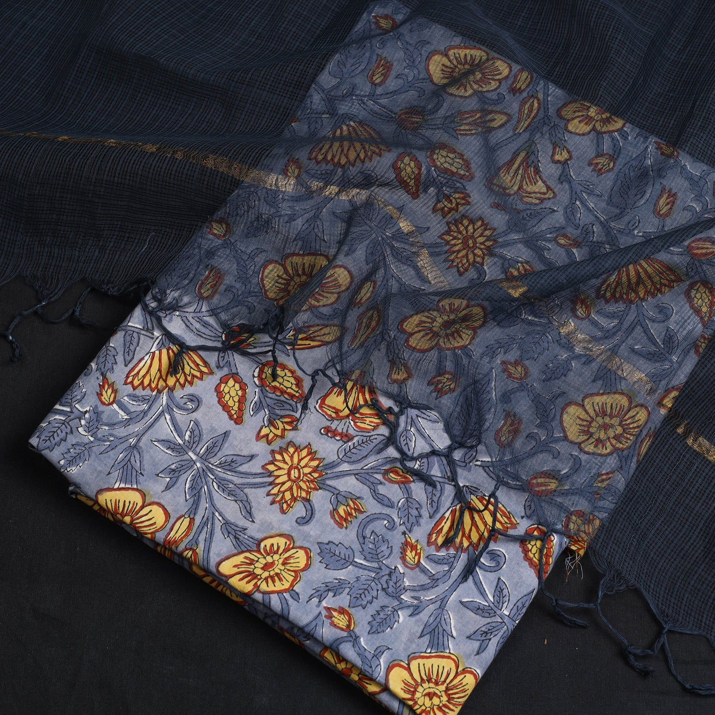 Blue - 2pc cotton sanganeri kurta with plain dupatta 19