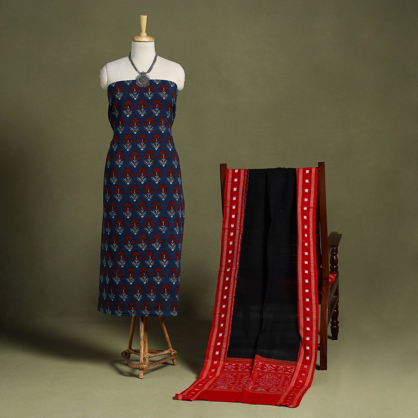 Blue 2pc Cotton Ajrakh Print Kurta with Ikat Dupatta