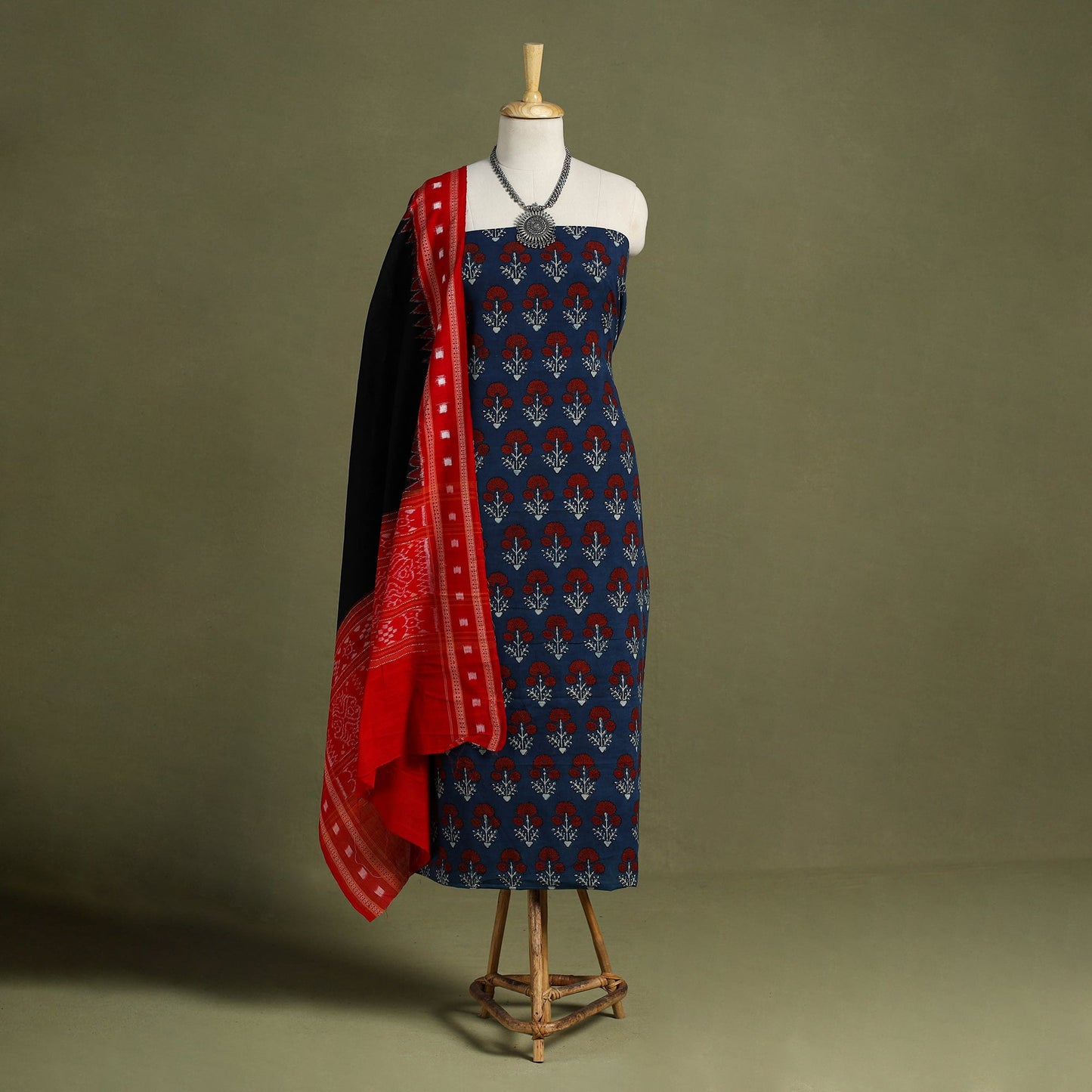 Blue 2pc Cotton Ajrakh Print Kurta with Ikat Dupatta