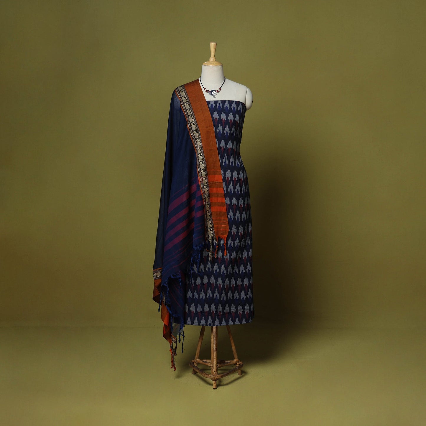 Blue - 2pc cotton unstitched pochampally ikat dress