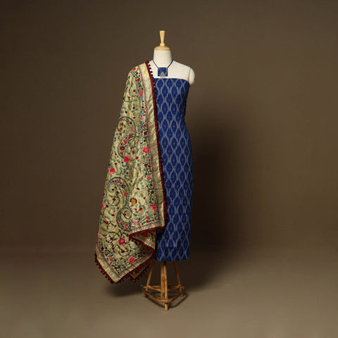 Blue - 2pc cotton unstitched pochampally ikat dress