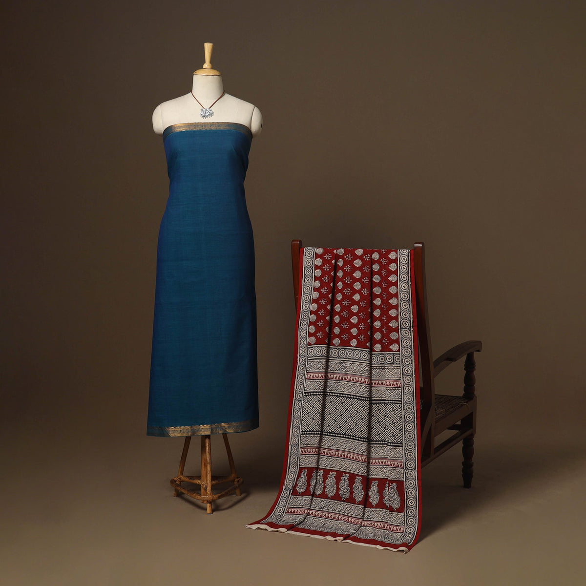 Blue - 2pc handloom cotton unstitched mangalagiri dress