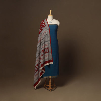 Blue - 2pc handloom cotton unstitched mangalagiri dress