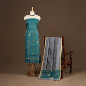 Blue - 2pc handloom zari buta unstitched chanderi silk