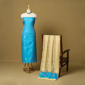 Blue - 2pc handloom zari buta unstitched chanderi silk