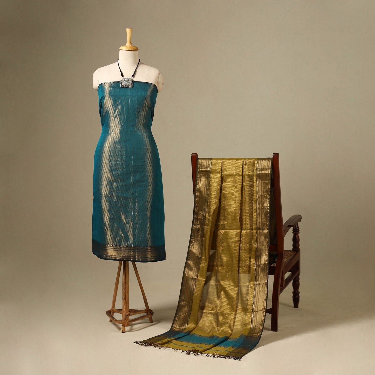 Blue 2pc Tissue Zari Handloom Cotton Maheshwari Dress Material