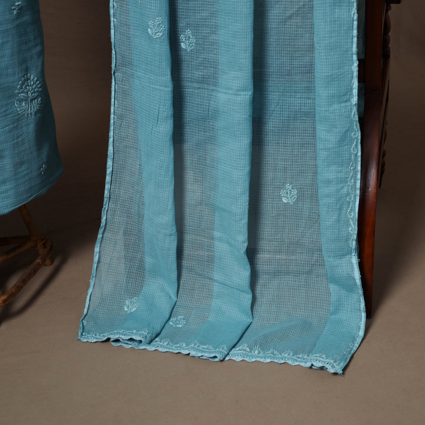 Blue - 2pc kota doria cotton unstitched lucknow chikankari