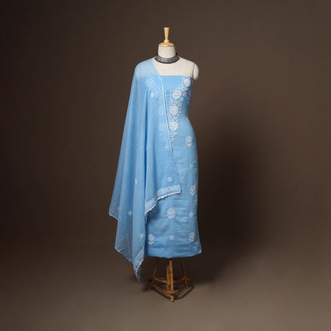 Blue - 2pc kota doria cotton unstitched lucknow chikankari